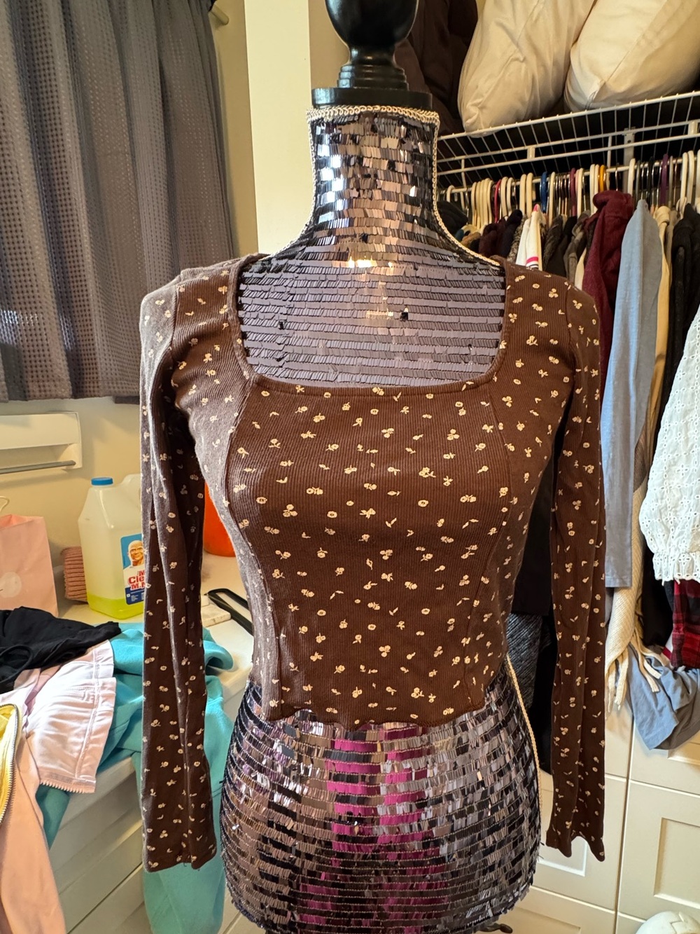 Harlow Brown Floral Square-Neck Long Sleeve Top M